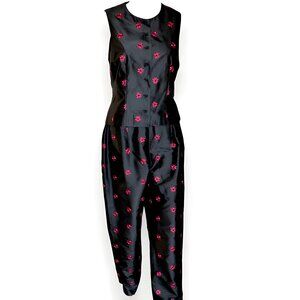 Vintage Carlisle Black Red Embroidered Silk Tapered Pants 12 & Vest Top 10 M/L